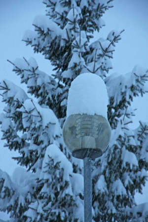 Street lamp with glass covered with a thick layer of fresh snow during a snowfallの写真素材