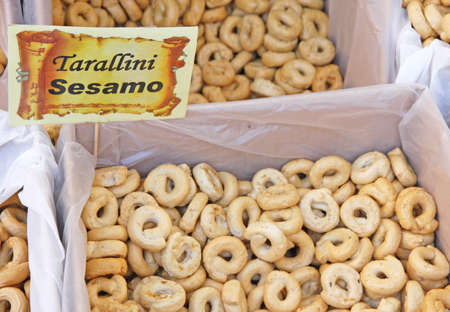 fragrant and tasty tarallini bread sticks and sold at italian marketの写真素材