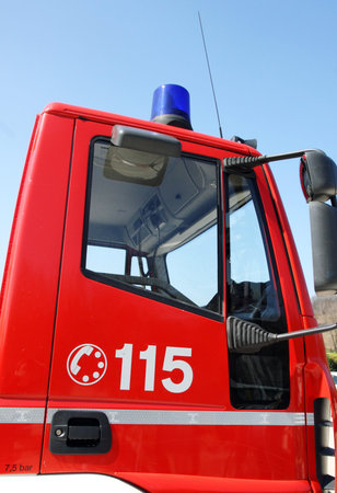 cockpit of the fire truck during an emergency exit to rescue citizens