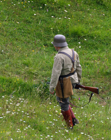 Sentinel soldiers while patrolling a wide mountain area before the battle