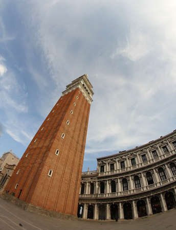 the highest and most famous campanile in Piazza San Marco in Venice photographed with fisheye lens and the immense squareのeditorial素材