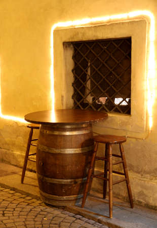 coffee table of a bar made from an upside-down in a small barrel of a small medieval villageの写真素材
