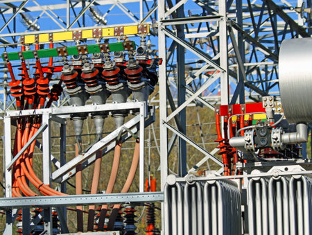 electrical EHV transformer and cables connected to the terminals in an atomic power station