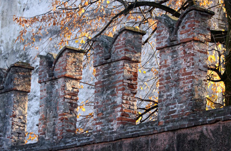crenellations of the walls of a medieval castle in Thiene town  in Italyのeditorial素材