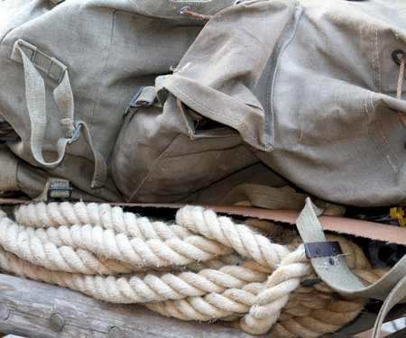 soldier's backpack old climber of World War I with the sturdy rope for climbing