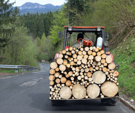 tractor transport a full load of wood to the House 1の写真素材