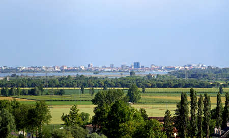 Aerial view of the lagoon and the town of Grado in the backgroundの写真素材