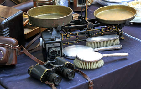 binocular balance and brushes and other vintage object for sale in antiquesの写真素材