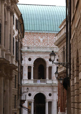 Detail of the majestic Basilica Palladiana with classical-style columns in Piazza dei Signori in Vicenzaの写真素材