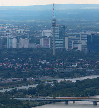landscape of the new district of Vienna with the river Danube and the high towerのeditorial素材