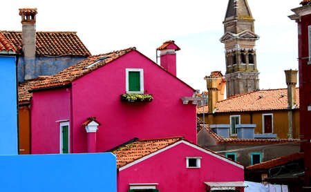 bell tower of BURANO near Venice and colored housesの写真素材