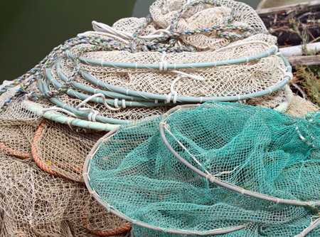 bunch of fishing nets of fishermen just returned to the naval port