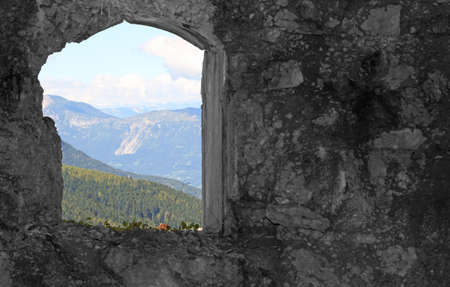 Mountain Panorama from the window of the Sommo Fort used by the austro Hungarian army during World War Iの写真素材