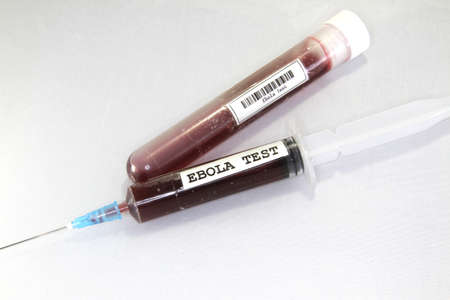 syringe with blood to make the ebola virus tests during the epidemicの写真素材