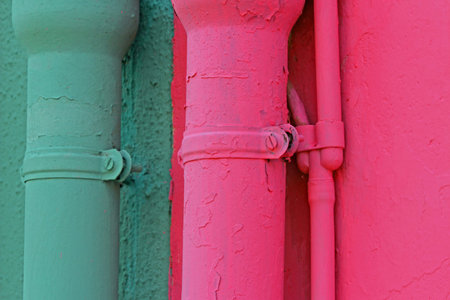 Green and pink gutters of homes on the island of Burano Venice