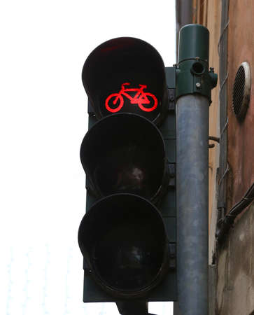 red traffic lights for bicycle along the cycle track in the cityの写真素材