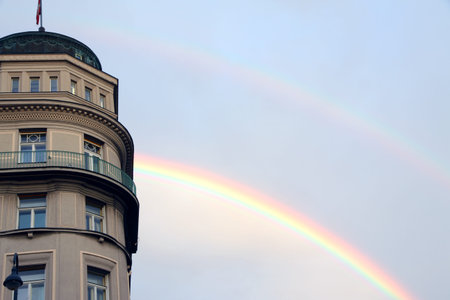 rare Double Rainbow and an European building after the storm