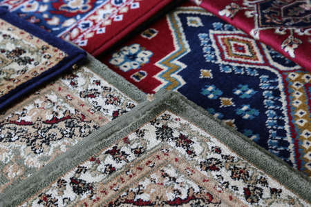 colored carpets decorated in an islamic mosqueの写真素材