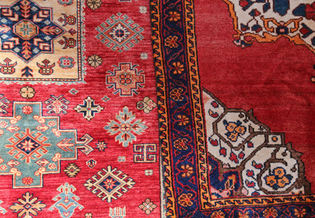two colored carpets decorated in an islamic houseの写真素材