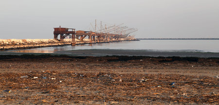 fishing nets over the Stilt houses of woodの写真素材