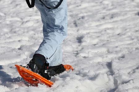 woman walking with snowshoes on freshly-fallen snowの写真素材