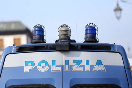 Italian police pickup truck with the big written and blue sireneの写真素材
