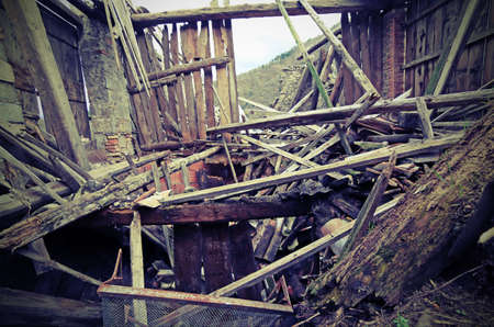 rubble of the destroyed House after the earthquake in the mountainsの写真素材