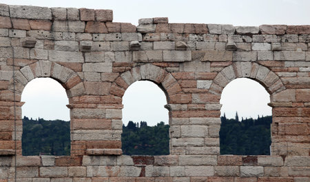 detail of the exterior of the Arena in Verona City in Italyの写真素材