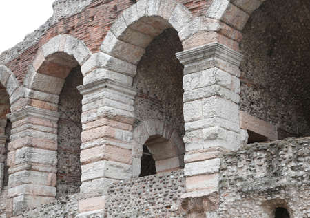 detail of the exterior walls of the ancient Roman Arena in Verona in Italyの写真素材