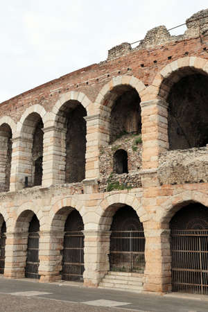 detail of the exterior walls of the ancient Roman Arena in Verona in Italyの写真素材