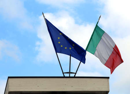 italian flag and European flagの写真素材