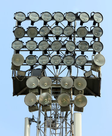 gigantic lighting tower with bright spotlights for illuminating sports facilities