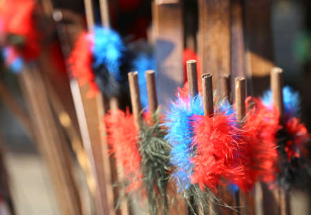 many Indians arrows with red and blue feathersの写真素材