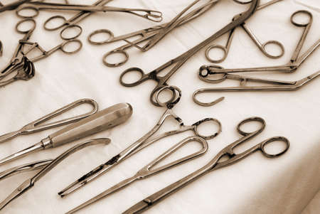 rusted pliers scissors and other ancient medical instruments used during the world warsの写真素材