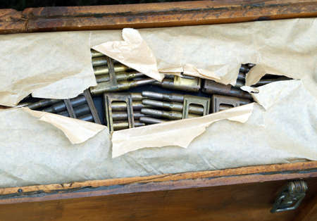 Armory of the army with a box full of ammunition and projectilesの写真素材
