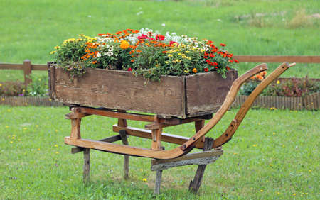 old wooden sled decorated with vases of flowers in the mountain resort in summerの写真素材