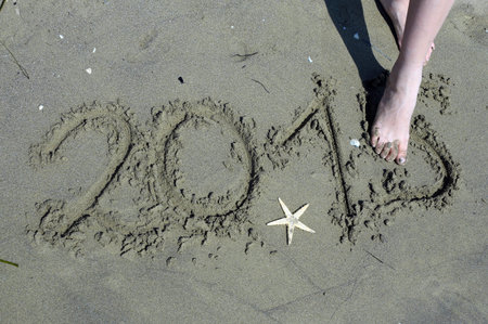 written 2015 year in the sand and a starfish with feet