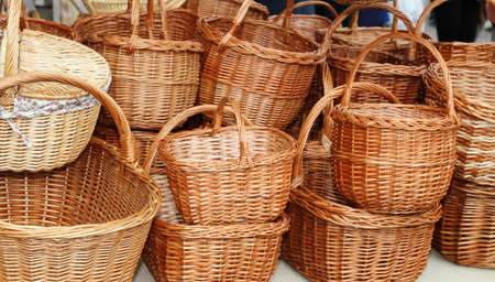 many Wicker baskets handcrafted by a skilled craftsmanの写真素材