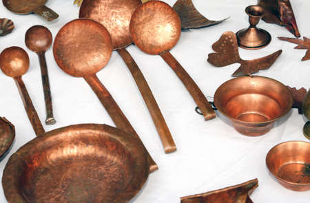 Cookware copper and dishes for sale at flea marketの写真素材