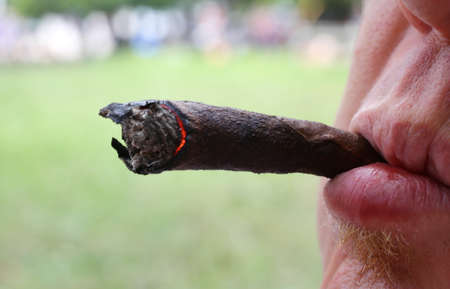 smoker with cigar in mouth and burning coals of the Cuban cigarの写真素材