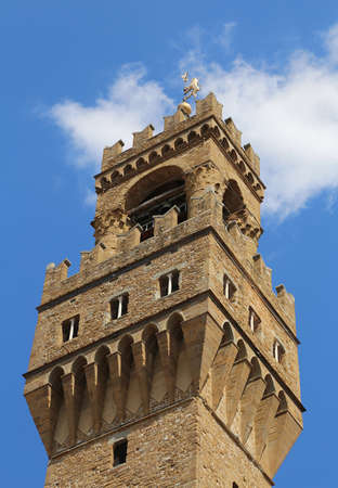 Detail of Old Palace Tower called Palazzo Vecchio in Florence Italyのeditorial素材