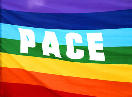 Italian rainbow Peace flag with big written PACEの写真素材