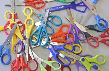 many small scissors with rounded tip for children in kindergartenの写真素材