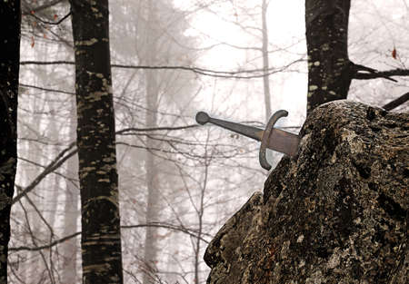 legendary Excalibur sword into the stone in the middle of the forest in winterの写真素材
