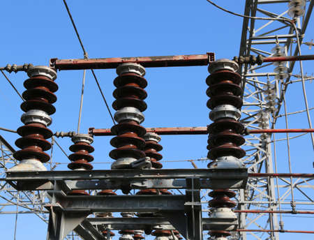 large disconnectors in the air in a system of electric power substationの写真素材
