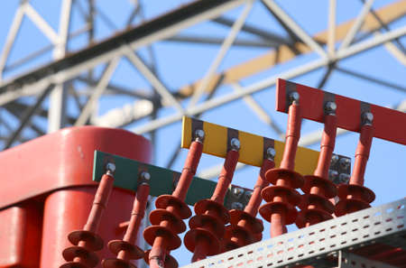 Insulators of a power plant with big electric power transmission lines connected to the voltage transformer connectorの写真素材