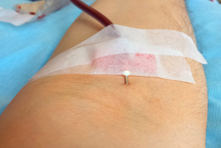 volunteer with the needle stuck in his arm when donating blood at the hospitalの写真素材