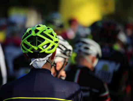 Cyclist safety helmet during the start of the important cycling raceの写真素材