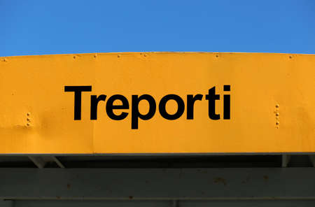 big sign written TREPORTI a port near Venice in Italyの写真素材