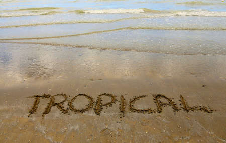 tropical big written on the beach by the seaの写真素材